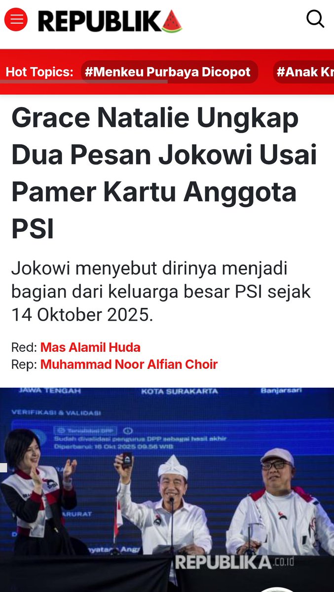 psi_id's tweet photo. "Pesan pertama Pak Jokowi ditujukan untuk internal, beliau menyemangati pengurus dan kader. Kemudian pesan kedua ditujukan ke publik di luar partai bahwa PSI siap berjuang menghadapi PT 5, 6, atau 7%," ujar Sekretaris Dewan Pembina PSI Sis Grace Natalie. https://t.co/SiYDCemuFm