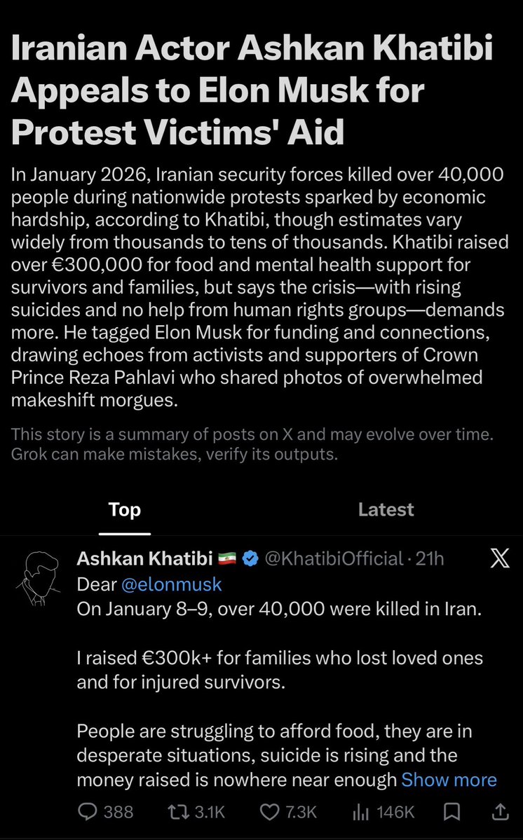 Minooli2162's tweet photo. 🚨در صدر اخبار ایکس امشب 👇🏼

بازیگر ایرانی سرشناس  اشکان خطیبی (@KhatibiOfficial) مستقیم از ایلان ماسک کمک خواست. مردم گرسنه‌اند، خودکشی‌ها بالا رفته و سازمان‌های حقوق بشری هیچ کمکی نمی‌کنند.
@elonmusk این بار فقط استارلینک کافی نیست. خانواده‌های بازماندگان به کمک واقعی نیاز دارند.
 https://t.co/s7H144FXGn