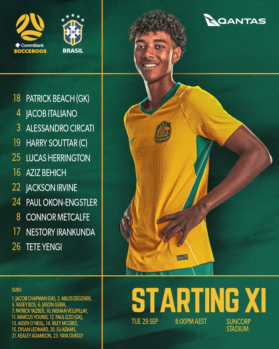 Socceroos's tweet photo. 📋 OFFICIAL: Your CommBank #Socceroos Starting XI to face Brazil is here!

✅ Unchanged from the 1-1 draw in Townsville
🏠 Lucas Herrington starts in his hometown

🇦🇺 v 🇧🇷 - 29.9.26, 8:00pm AEST - Brisbane
📱💻📺 Live on Paramount+

#QLDFootballSeries2026 https://t.co/18JlMFHYid