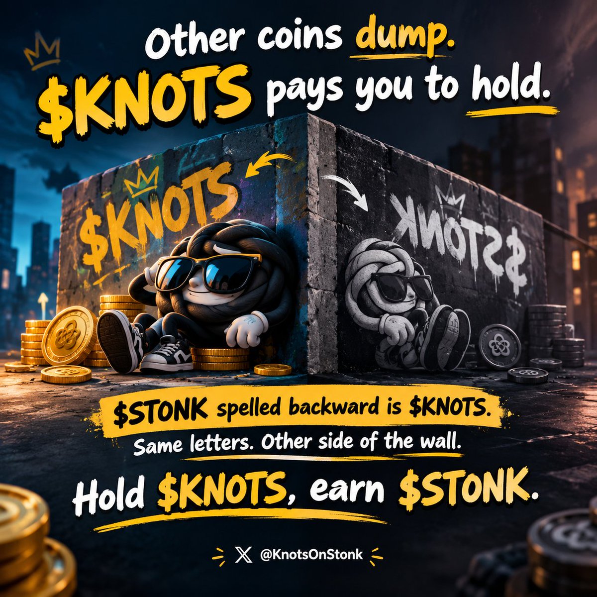 josursu's tweet photo. Other coins dump.
$KNOTS pays you to hold.
$STONK spelled backward is $KNOTS.
Same letters. Other side of the wall.
Hold $KNOTS, earn $STONK.

@KnotsOnStonk https://t.co/B3Ls6WdKsj
