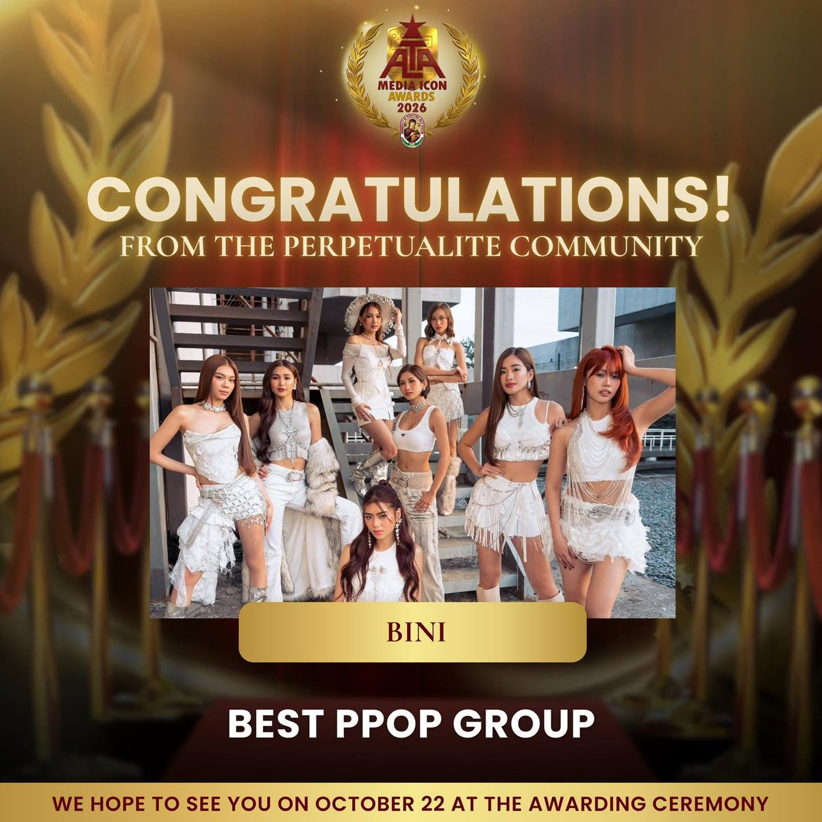 bini_writes's tweet photo. BINI is the 2026 P-POP Group of the Year in the 7th Alta Media Icon Awards by the University of Perpetual Help System Dalta. 
#BINI @BINI_ph https://t.co/VTfegB4SDn