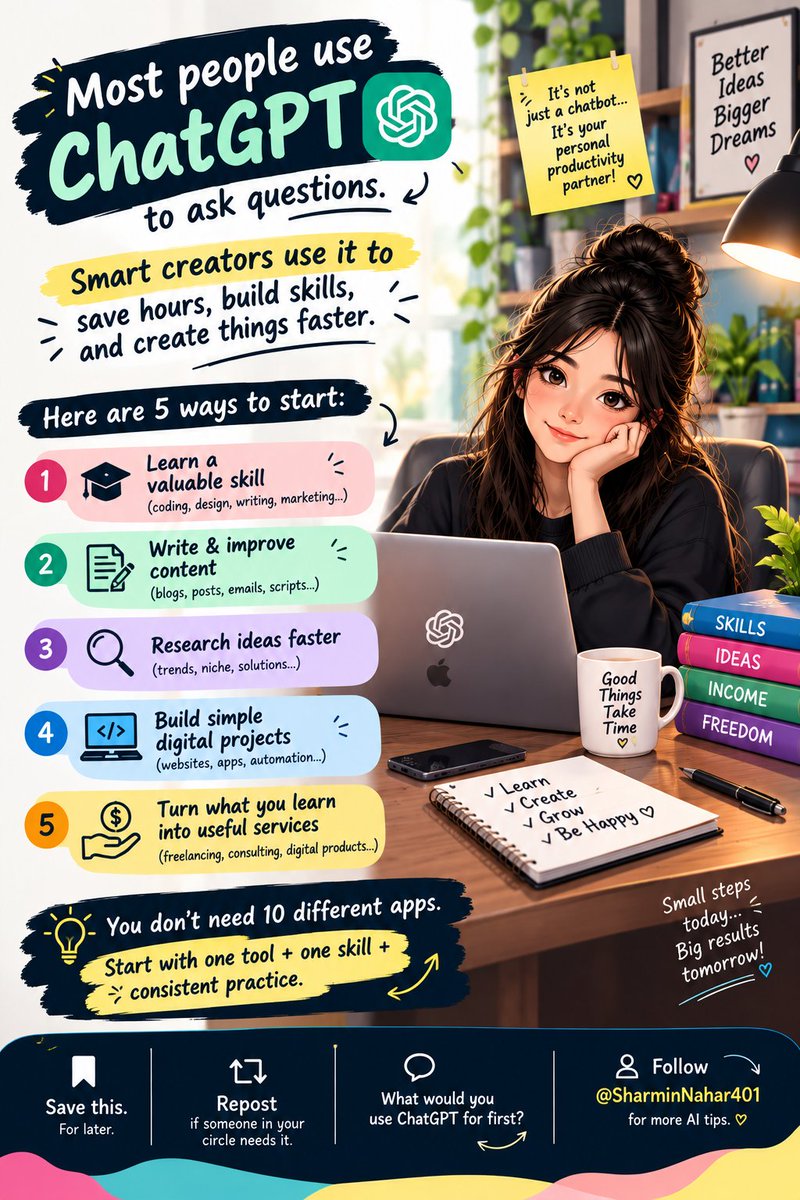 SharminNahar401's tweet photo. 🚨 Most people use ChatGPT to ask questions.

Smart creators use it to save hours, build skills, and create things faster. 🤖

Here are 5 ways to start:

1️⃣ Learn a valuable skill
2️⃣ Write & improve content
3️⃣ Research ideas faster
4️⃣ Build simple digital projects
5️⃣ Turn what you learn into useful services

You don’t need 10 different apps.

Start with one tool + one skill + consistent practice.

📌 Save this.
🔁 Repost if someone in your circle needs it.
💬 What would you use ChatGPT for first?

Follow @SharminNahar401 for more AI tips. 🚀