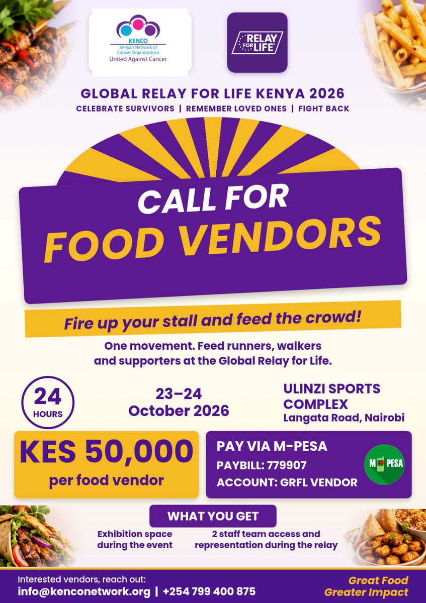 kenconetwork's tweet photo. 📅 Date: 23–24 October 2026
📍 Venue: Ulinzi Sports Complex, Langata Road, Nairobi
💰 Vendor fee: KES 50,000 per food vendor

How to secure your spot:
Pay via M-Pesa
Paybill: 779907
Account: GRFL VENDOR https://t.co/9CCeF32xuL