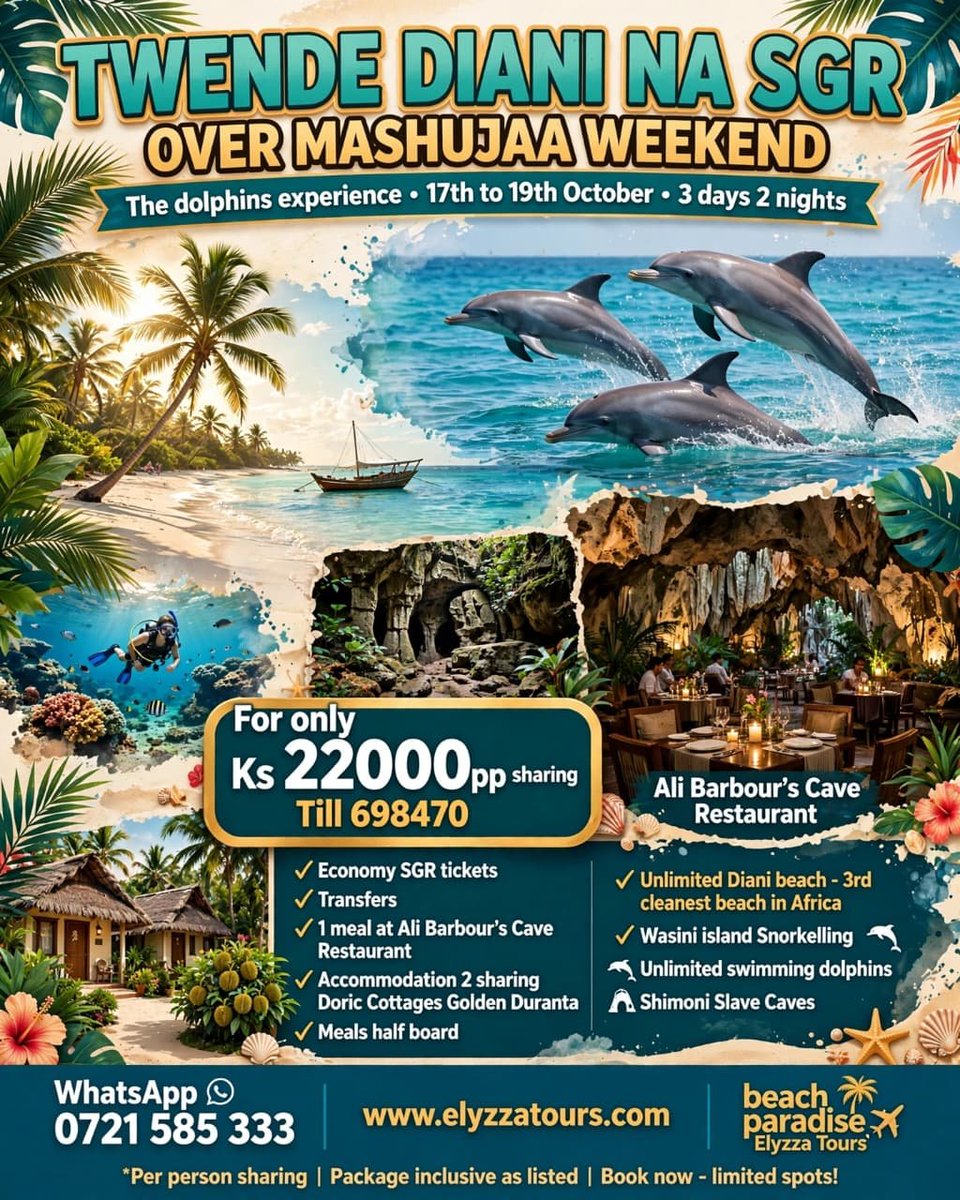 elyzza_tours's tweet photo. #Diani trip... WhatsApp to book

SoftClans Technologies Karibu Kenya BICC #MwalimuNumberOne Health Product Regulation Rebecca Miano Angela Oketch Mixx Masters Limuru Mwalimu National I Echo ssr 2025 The Stables Third Flow Experience brighter society Social Protection Conference https://t.co/M6CM3BFNtg