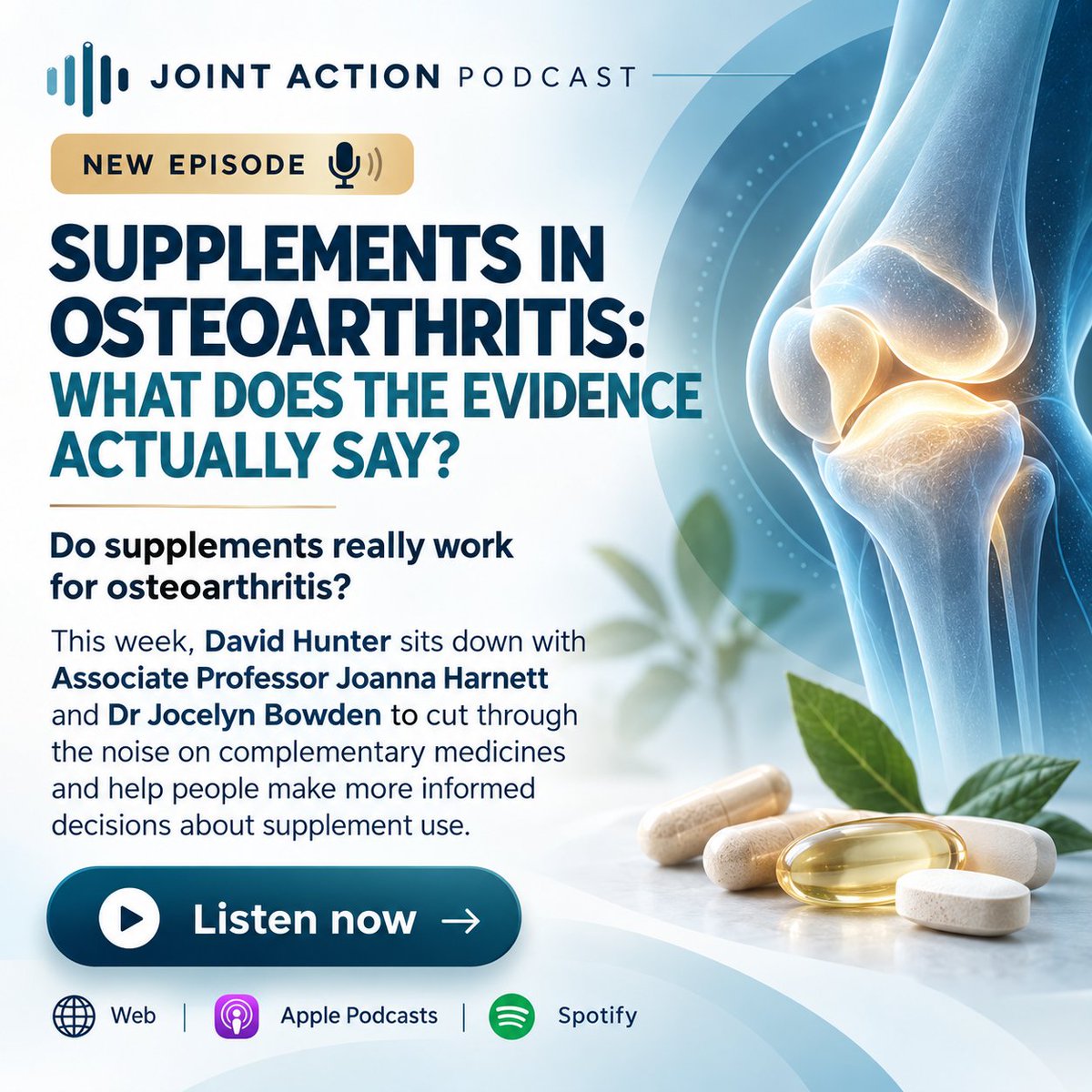 ProfDavidHunter's tweet photo. Should you be taking supplements for osteoarthritis? Joanna Harnett, Jocelyn Bowden and I dig into the evidence on complementary medicines. 🎧 Listen at https://t.co/a3pQx8dPP9 https://t.co/nE50610KtB