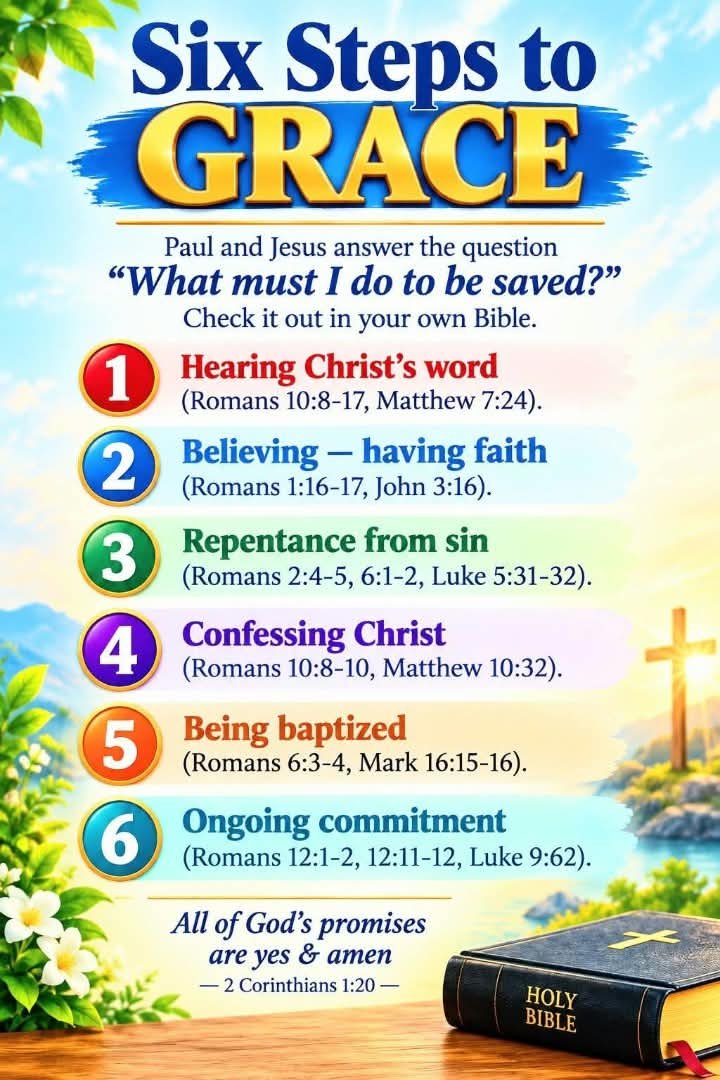 InnocentByabag5's tweet photo. SIX STEPS TO GRACE!
==================
God’s grace calls us to hear His Word, believe in Christ, turn from sin, confess our faith, be baptized, and continue walking with Him. 💖🙏💖🙏💖

“All of God’s promises are yes and amen.” — 2 Corinthians 1:20💖🙏💖🙏💖 https://t.co/SBjfLtNIlE
