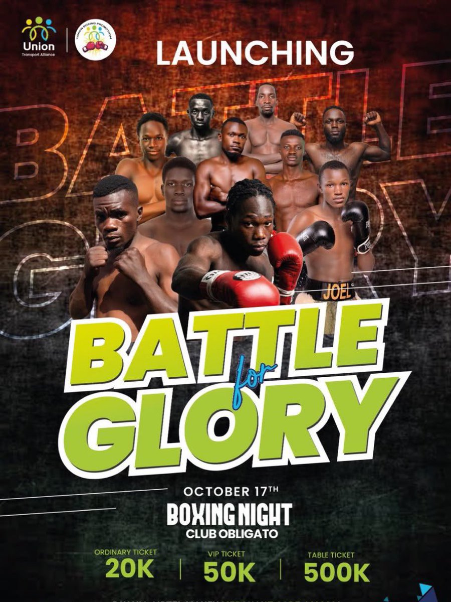 AllanSseky's tweet photo. Ekijja Ssi muntu. π₯π₯π₯
Imagine 24 boxers, one ring.
This is a once in a lifetime event.
17th October at Club Obligato. Mark those dates!!
#BattleForGlory
#UnionBoxingPromotions https://t.co/AlZjtx4C79