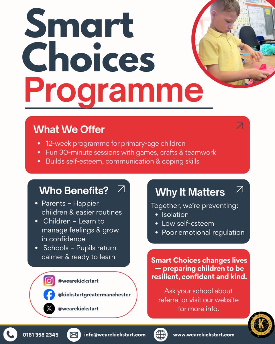 wearekickstart's tweet photo. π Introducing our Smart Choices Programme!
A 12-week programme for primary-age children, using fun games, crafts and teamwork to build confidence, communication, resilience and coping skills. β€οΈ
#SmartChoices #ChildrensWellbeing #PrimarySchools #Kickstart https://t.co/KQroHEFkdo