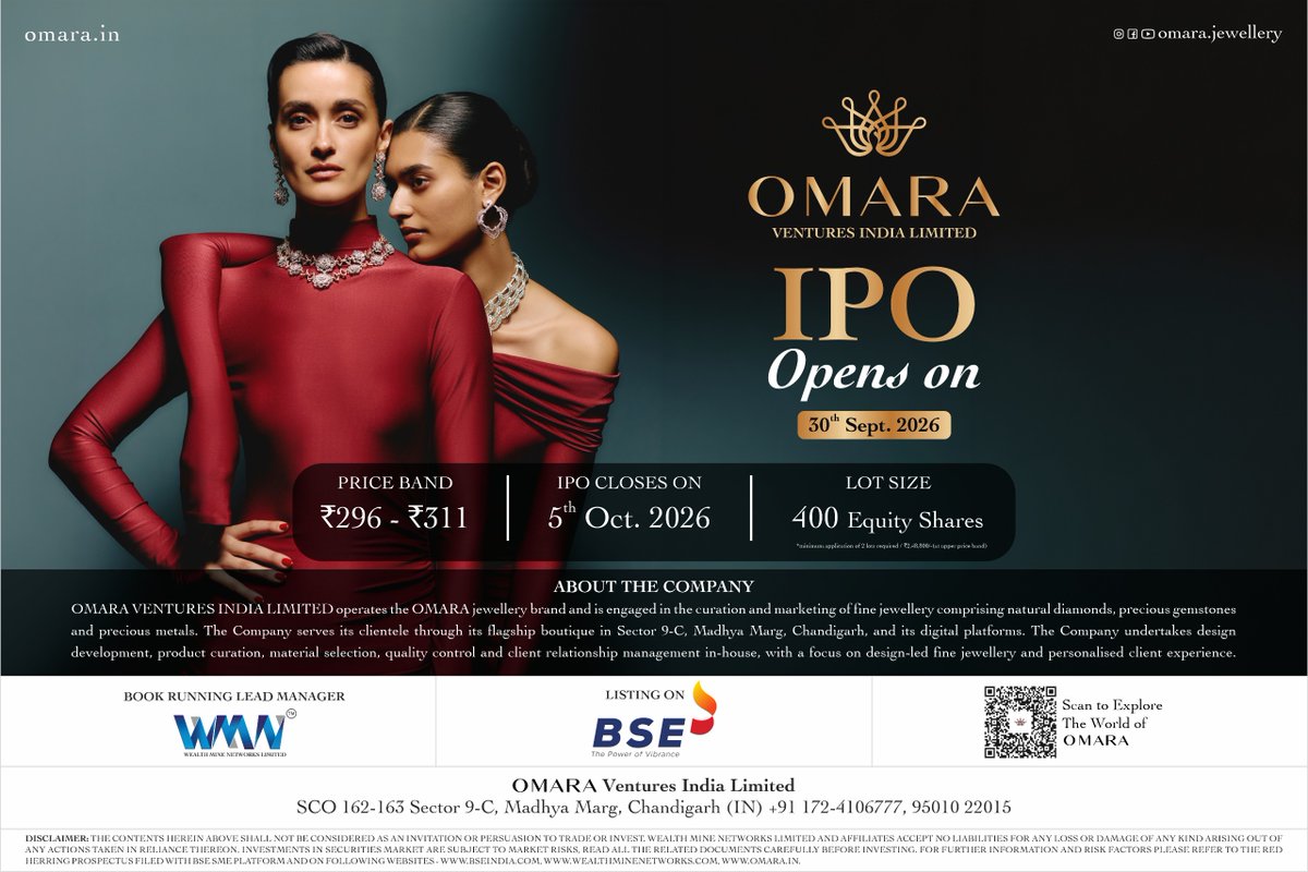 BWIndia's tweet photo. Omara Jewellery IPO Opens Tomorrow: INR 41.99 Crore Issue, #PriceBand, #LotSize and Key Details
#OmaraJewellery #IPO #OmaraVenturesIndiaLimited #BSESMEplatform #designerjewellery #equityshares
https://t.co/uUytXDsAwv https://t.co/xmM5bh8WMg