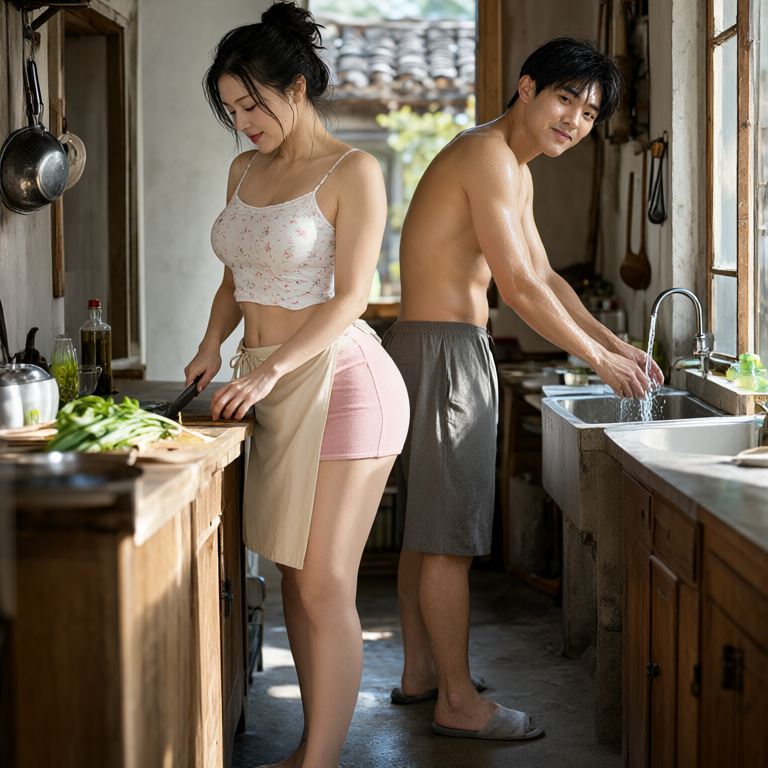 didisgrl's tweet photo. I cooked with my sister-in-law. #AI #AIWife #AIGirl
Prompt：
[Subject & Attire] A stunningly beautiful, mature Asian woman in her mid-30s with a fit, curvy hourglass figure (toned but not chubby) and fair skin. She has an elegant, alluring face shape with soft features and a charming, sophisticated expression. She is wearing a white cotton camisole top with small pink floral patterns, cropped to expose her navel (midriff), tight-fitting pastel pink mini shorts made of soft plush material, and a simple beige apron tied at the waist that accentuates her defined waist and hips. Her black hair is loosely tied up in a messy bun, with wet strands falling around her face. Beside her stands a young man, shirtless (bare-chested), wearing only loose casual shorts, standing barefoot or in slippers.

[Action & Expression] The woman is standing at the kitchen counter, holding a knife and cutting vegetables on a wooden board, looking down with a focused yet relaxed expression. The man is standing next to her near the sink, washing vegetables under running water, his arms wet, looking towards her or the camera with a casual smile. Their bodies are close together in the narrow space of the kitchen, creating an intimate and domestic atmosphere.

[Environment] Traditional Chinese rural kitchen on a sunny morning. The scene features simple wooden furniture, a concrete or stone floor, a sink with running water, and various cooking utensils hanging on the wall. Natural light streams in from a window or open door, illuminating the workspace. The setting is rustic, clean, and lived-in, with a warm and homely vibe.

[Environment] Traditional Chinese rural kitchen on a sunny morning. The scene features simple wooden furniture, a concrete or stone floor, a sink with running water, and various cooking utensils hanging on the wall. Natural light streams in from a window or open door, illuminating the workspace. The setting is rustic, clean, and lived-in, with a warm and homely vibe.

[Lighting & Atmosphere] Bright natural morning sunlight filters into the kitchen, highlighting the texture of the woman's apron, the wet skin of the man, and the fresh vegetables on the counter. Soft shadows are cast by their bodies, creating depth. The overall atmosphere is warm, intimate, domestic, and sensual, with a sense of quiet companionship in the morning routine.

[Style & Technical] Hyper-realistic photography style, 8k resolution, full body shot capturing both characters from head to toe, high detail, sharp focus on the faces, hands, and fabric textures. Shallow depth of field blurring the background slightly to emphasize the subjects. Cinematic lighting, natural color palette, intimate and sensual mood.