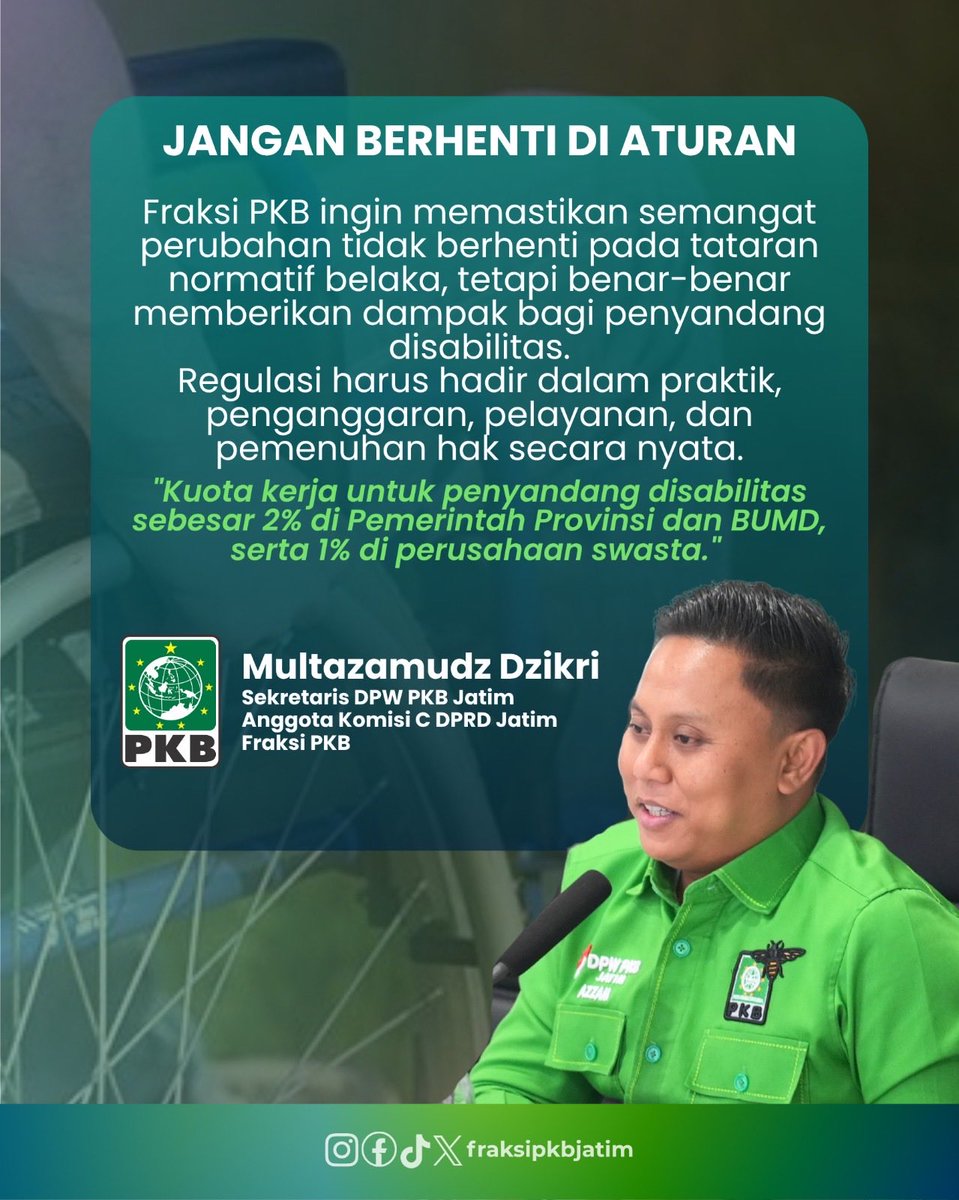 fraksipkbjatim_'s tweet photo. PEMPROV JATIM HARUS JADI TELADAN
Fraksi PKB DPRD Jawa Timur mendorong Pemprov Jatim menjadi teladan dalam pemenuhan kuota 2% bagi pekerja penyandang disabilitas di lingkungan Pemprov dan BUMD.
#FPKBDPRDJatim #PKBJatim #PerdaDisabilitas #JatimInklusif #HakDisabilitas https://t.co/6AMFinZzYS