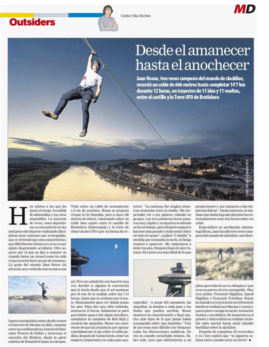OutsidersStory's tweet photo. OUTSIDERS #256 en papel y web de @mundodeportivo 
Jaan Roose, tres veces campeón del mundo de slackline, recorrió un cable de 666 metros hasta completar 14’7 km durante 12 horas entre el castillo y la Torre UFO de Bratislava.
https://t.co/kPVrqQCNbV https://t.co/KHezHQpAAN