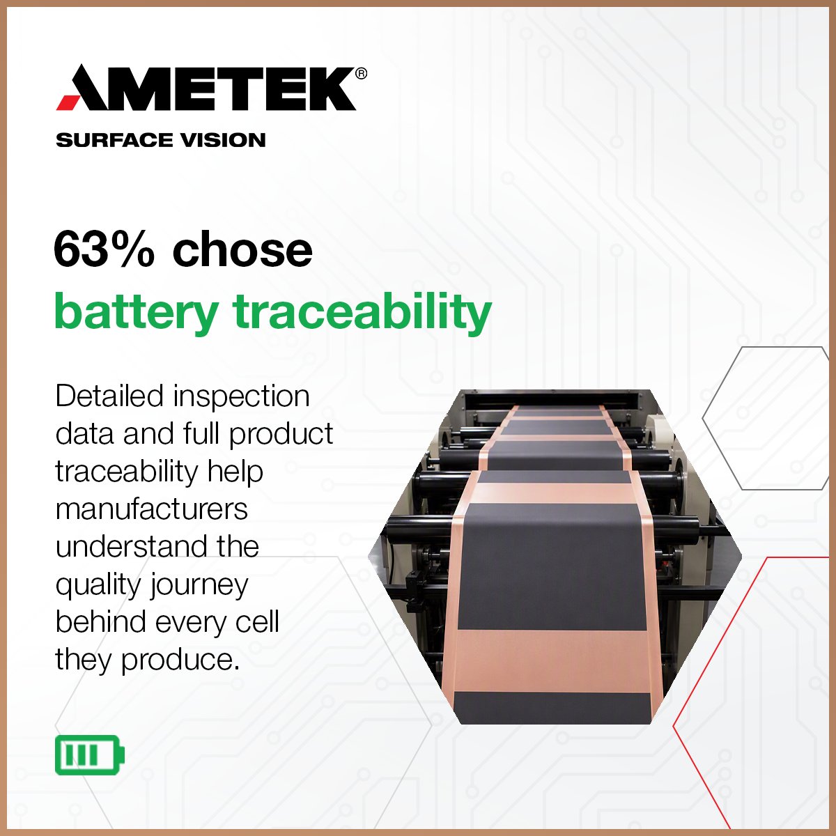surfacevision's tweet photo. We asked battery manufacturers what will be most important as scrutiny around quality and accountability continues to grow.

63% chose battery traceability. 🔋

With battery passport requirements fast approaching and greater emphasis being placed on product accountability, it's easy to see why traceability topped the poll.

Manufacturers increasingly need access to detailed quality data and the ability to understand the quality journey behind every cell.

Our surface inspection technologies support this by detecting and classifying defects in real-time, while linking inspection data to individual battery components.

If a defect is identified, traceability allows manufacturers to understand what happened, which products were affected, and where corrective action may be needed.

As battery components move through the production line, their quality data is then linked to the final product. This creates a digital record for the battery, allowing manufacturers to demonstrate quality, accountability and traceability for every cell they produce.

Interested in learning how our inspection technologies can support traceability in your battery manufacturing process?

Get in touch with our team 👉 https://t.co/3KkAQ5Yr1H

#BatteryManufacturing #BatteryTraceability #BatteryPassport #BatteryNews #Gigafactories
