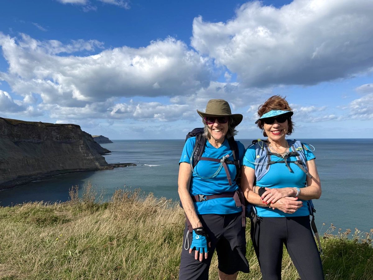 KathyLette's tweet photo. The North Sea! Only 3 miles to Robin Hood Bay, the end of the #CoastToCoast trail. As they say in Yorkshire, “Ey up, lass - don’t thee give up now, tha can do it!” #SisterTrip #AdventureBeforeDementia https://t.co/4uYG6vk4No