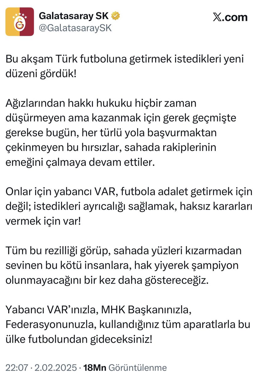 KerimUnal15's tweet photo. @foootballo Lan fenerli bak durum ne? Neden fb istifa diyemiyordu buna ?  Bak GS 2 Şubat 2025 te ne bildiri yayınlamış, 9 şubatta sizin Hulusi ne demiş? 🤣😂 https://t.co/5UWITlc1BK