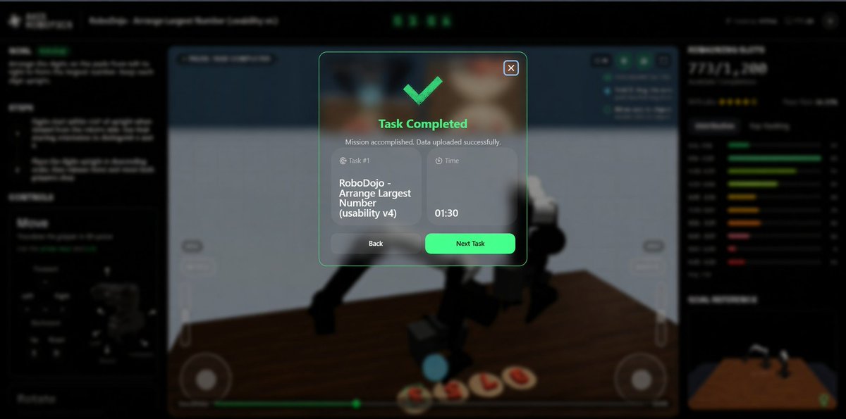 ppdoesit's tweet photo. Another 4star difficulty task completed on @axisrobotics under 1m30s
Task: RoboDojo - Arrange Largest Number (usability v4)
Objective: Arrange the digits on the pads from left to right to form the largest number. Keep each digit upright.

- Digits start within ±45° of upright when viewed from the robot's side. 
- Use their starting orientation to distinguish 6 and 9.
- Place the digits upright in descending order, then release them and move both grippers clear.

Tips: 
- Arrange from biggest to smallest from your left to your right
- Ensure each digit is standing upright and on the pad
- Use the arm closest to the number to move it
- Use A and S to rotate appropriately
- Use the N to save positions, B to undo latest move and SPACE to grab and release

Keep completing trajectories, racking up points and climbing the leaderboard as we anticipate $AXIS