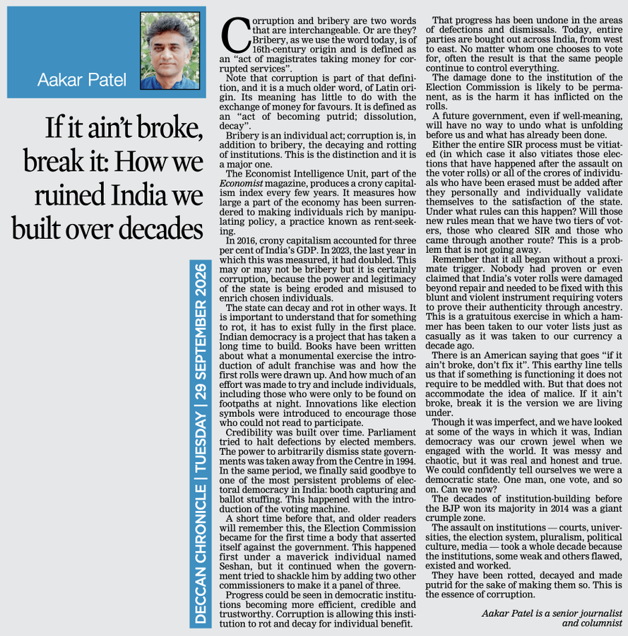 sandeep_PT's tweet photo. Aakar puts it in simple words, the whole tragedy, the loss we are witnessing in real time, the challenge that comes now, the unravelling of the Republic's iron-structure itself. Please read. https://t.co/NGPPsiwqKl