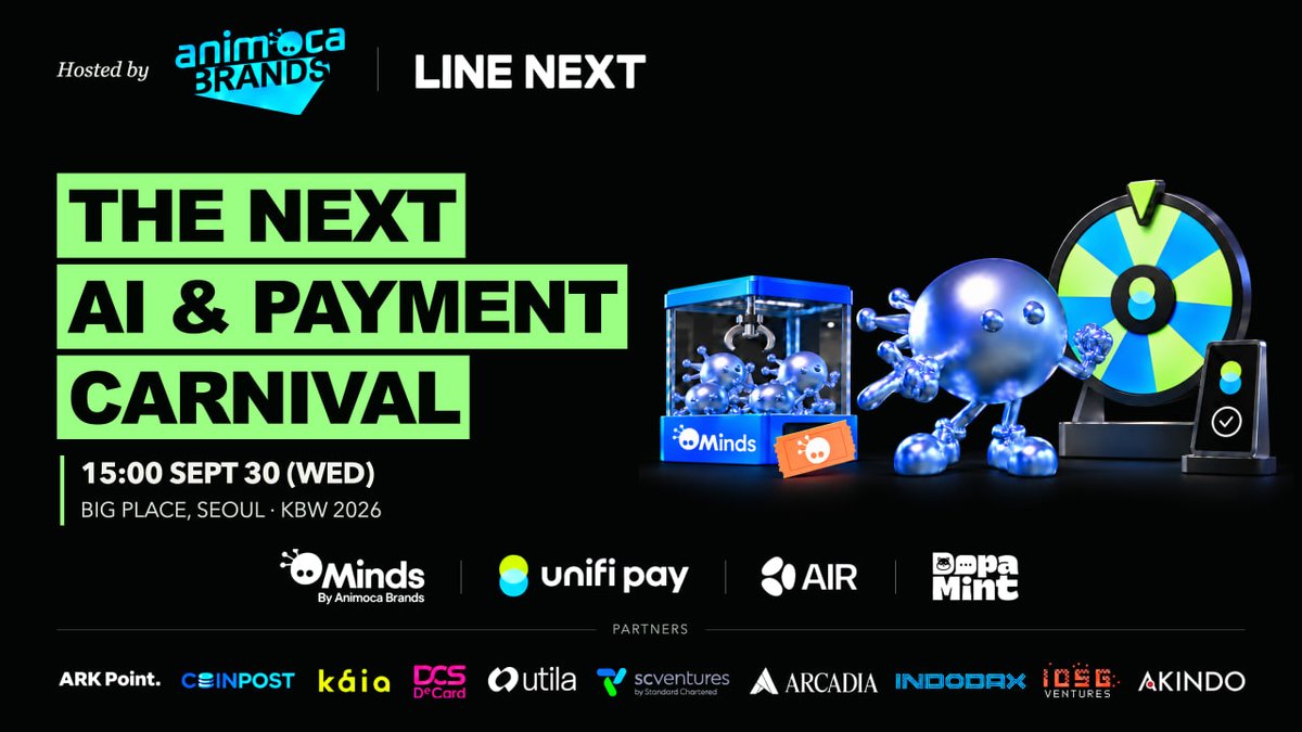 INF_CryptoLab's tweet photo. THE NEXT AI & Payment CARNIVAL 
 📅 Sept 30 | 📍 Big Place, Gangnam, Seoul  

AI agents. Everyday stablecoin payments. A carnival in the middle of KBW. 🎡

We are having Minds (Animoca Brands, @hellominds_), MOCA NETWORK, Unifi (@unifi_x ), and Dopamint (@DopaMintLabs ) for a full day where AI agents meet everyday stablecoin payments, plus a full carnival on the side.  

Hear Yat Siu of Animoca Brands on stage, discover Minds (@hellominds_) and MOCA NETWORK, try a QR payment with Unifi (@unifi_x), and catch DopaMint (@DopaMintLabs). Plus F&B booths, carnival games, a USDT gacha with prizes up to $100, and a PlayStation 5 lucky draw at 6 PM.
Come for what’s next. Stay for the fun.

 👉 RSVP now: 🔗 https://t.co/CUxLX0Zlod