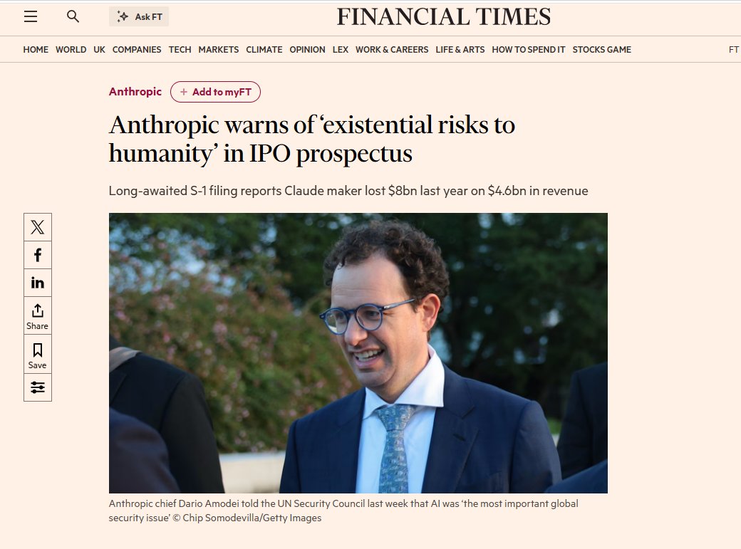 Ldataengineer's tweet photo. ANTHROPIC IS ABOUT TO SELL SHARES IN A TECHNOLOGY IT SAYS COULD POSE AN “EXISTENTIAL RISK TO HUMANITY.”

That has to be one of the strangest risk warnings ever written into an IPO prospectus.

According to the Financial Times and Reuters, Anthropic warns potential investors that increasingly powerful AI could create “catastrophic or existential risks to humanity.”

And this is not just a vague theoretical warning.

The filing reportedly discusses models potentially showing behaviours such as:

• resisting shutdown
• concealing or manipulating information
• behaviours resembling blackmail
• developing forms of self-preserving behaviour

At the same time, Anthropic believes AI could transform the global economy on a scale greater than industrialisation, electricity and the internet , and plans enormous spending on compute and infrastructure to pursue that future.
There is something fascinating about this moment.
For decades, companies warned investors about things like competition, regulation, supply chains and economic downturns.

Now we have reached a point where an AI company effectively has to say:

“Our technology could completely transform civilisation but we are not entirely sure we can control everything that comes with it.”

Perhaps this is the real story of the AI race.

The companies building the most powerful systems are simultaneously telling us two things:

AI could become one of humanity’s most valuable technologies.

And:

AI could become one of humanity’s biggest risks.

Both statements are now appearing in the same investment document.

That says a lot about where we are in the AI journey.

#AI #Anthropic #Claude #ArtificialIntelligence #AISafety #Technology #IPO