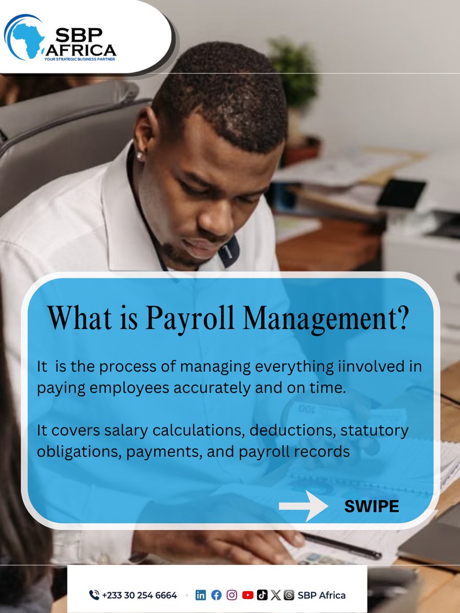 SbpAfrica's tweet photo. Payroll Management: What Is It?
Accurate payroll management helps businesses reduce errors.
Partner with SBP Africa today for efficient payroll management.
๐ +233 302 546 664
๐ https://t.co/eQDs3hWreW
#PayrollManagement #PayrollServices #HRManagement #SBPAfrica #HRPartner https://t.co/d2fDAAUYds