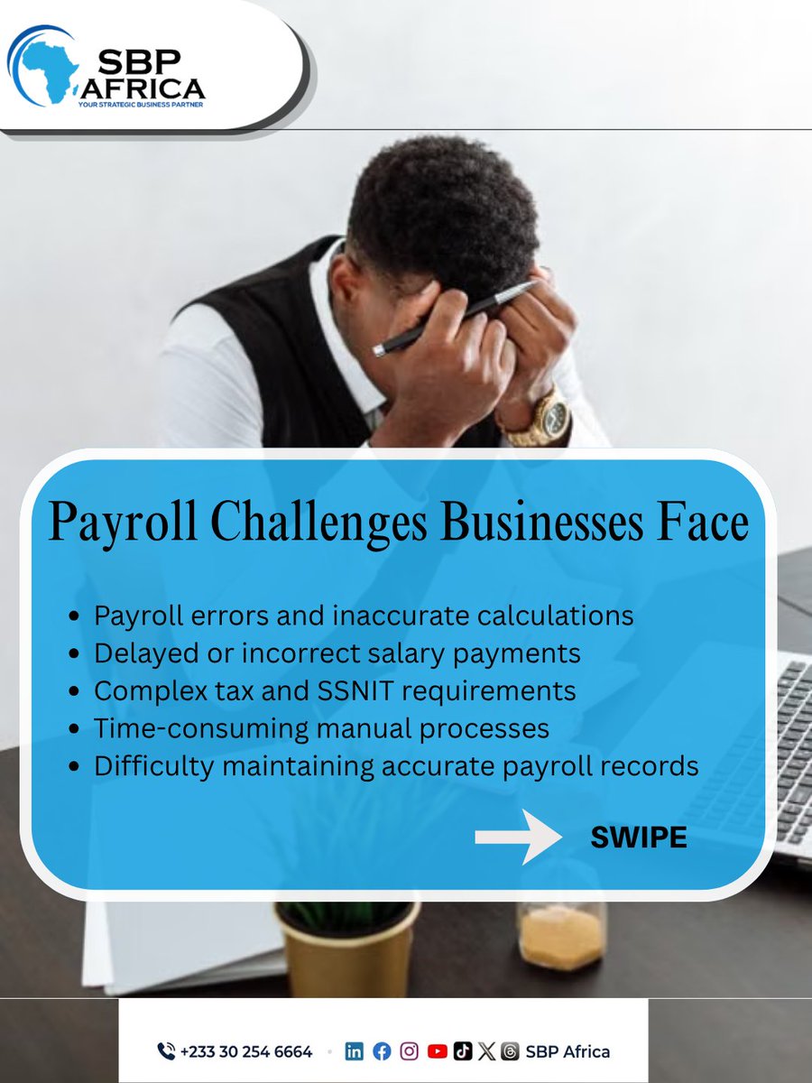 SbpAfrica's tweet photo. Payroll Management: What Is It?
Accurate payroll management helps businesses reduce errors.
Partner with SBP Africa today for efficient payroll management.
๐ +233 302 546 664
๐ https://t.co/eQDs3hWreW
#PayrollManagement #PayrollServices #HRManagement #SBPAfrica #HRPartner https://t.co/d2fDAAUYds