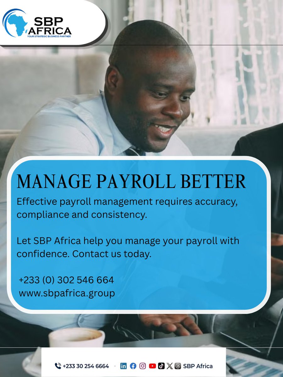 SbpAfrica's tweet photo. Payroll Management: What Is It?
Accurate payroll management helps businesses reduce errors.
Partner with SBP Africa today for efficient payroll management.
๐ +233 302 546 664
๐ https://t.co/eQDs3hWreW
#PayrollManagement #PayrollServices #HRManagement #SBPAfrica #HRPartner https://t.co/d2fDAAUYds