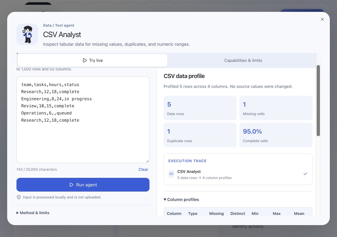 ala9network's tweet photo. Inspect before you edit.

Alanine's CSV Analyst checks missing cells, duplicate rows and numeric ranges without changing your source.

Try the sample: 5 data rows, 1 missing cell, 1 duplicate row. What would you review first?
https://t.co/CmwHMhghKM https://t.co/yJWJ1H2oRz