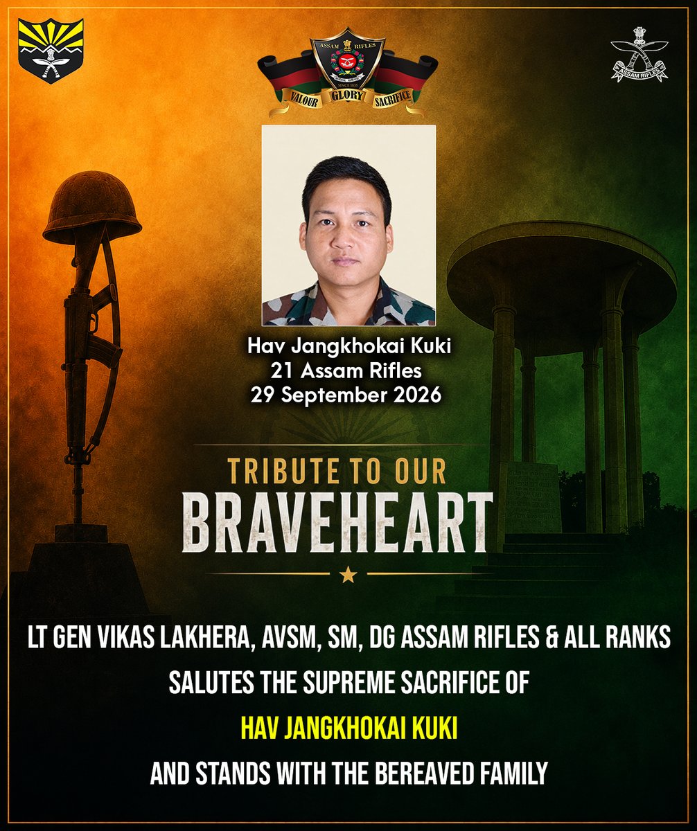 official_dgar's tweet photo. TRIBUTE TO OUR BRAVEHEART

Lt Gen Vikas Lakhera, AVSM, SM, Director General Assam Rifles & All Ranks of Assam Rifles pay solemn tribute to Hav Jangkhokai Kuki who made the supreme sacrifice in the line of duty at Changlang, Arunachal Pradesh on 29 Sep 2026 and offer deep condolences to the family of our Brave Soldier. DG Assam Rifles & All Ranks of Assam Rifles stand firmly with the bereaved family.

#AssamRifles #SaluteToTheBrave #SupremeSacrifice #VeerJawan #ForeverInOurHearts #DutyHonourNation #NationFirst #ServiceBeforeSelf #NeverForgotten #Respect #Tribute #JaiHind 

@HMOIndia @adgpi @PIBHomeAffairs @PMOIndia @easterncomd @Spearcorps