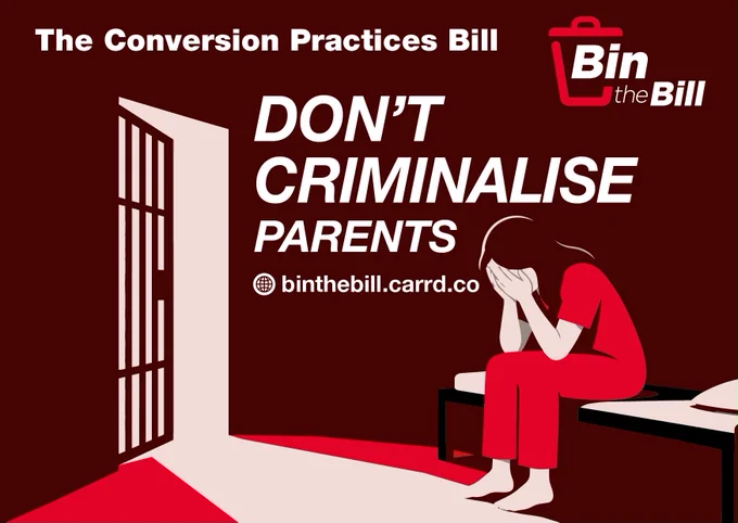 he Conversion Practices Bill: Don't criminalise parents. A headshot of a woman with her mouth covered with red tape. #BinTheBin https://binthebill.carrd.co/