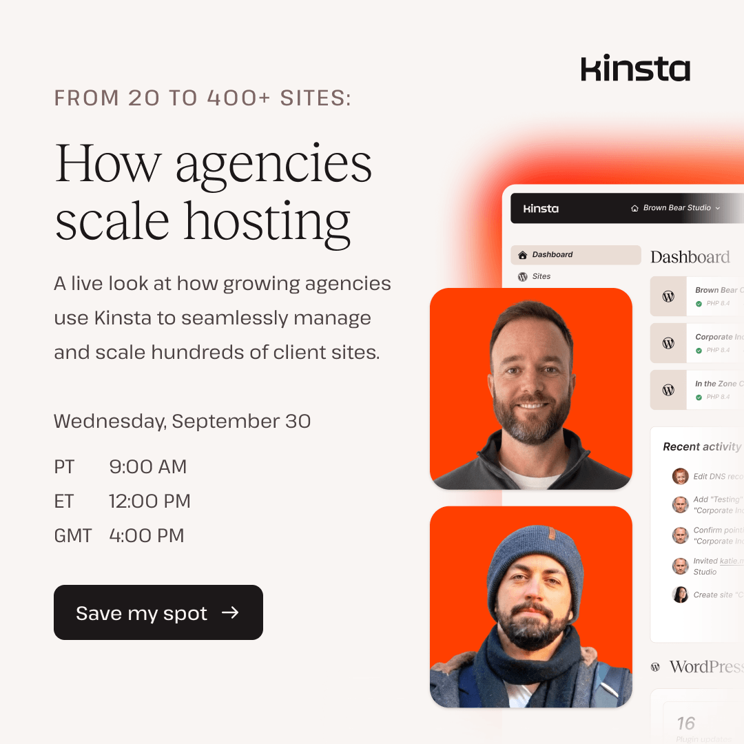 kinsta's tweet photo. Last call for agencies who aren't so sure about shared hosting  👀

Tomorrow, we’re walking through real agency setups that scale to 400+ sites without adding extra headcount or headache. Join us and get your questions answered live!

Save your spot: https://t.co/6v1RZ1iWrD https://t.co/fBJ9lSj30j