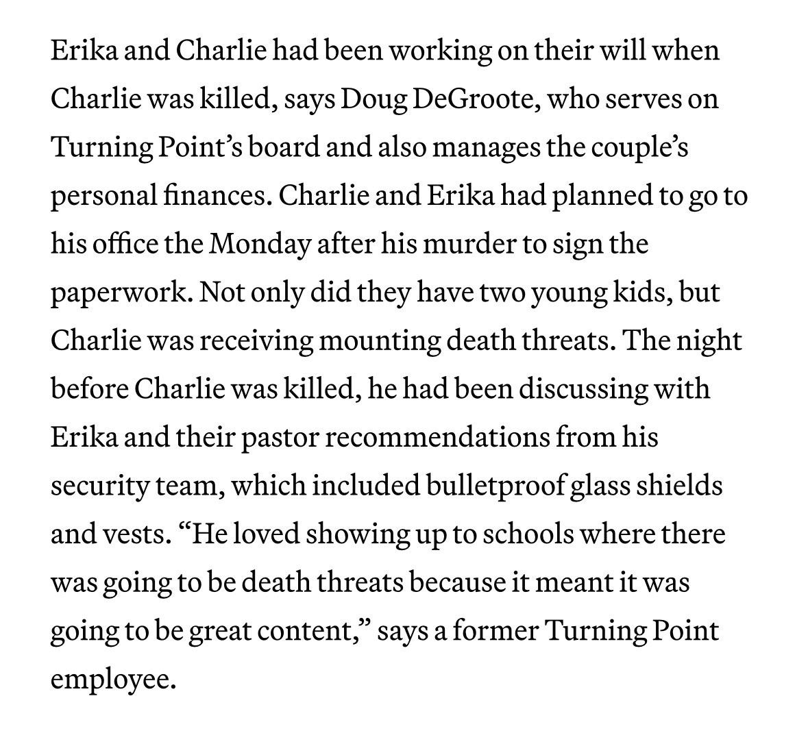 RealCandaceO's tweet photo. The Vanity Fair profile piece on Erika that I told you guys about months ago has finally dropped. 
And I am once again vindicated:

1) Erika and Charlie DID have an appointment to update their will, just 4 days following Charlie’s murder. 
2) Erika was more anti-Israel than Charlie was before his death behind the scenes. Now she’s suddenly not so interested in the topic. 
3) TPUSA continues to gaslight and attack me for telling the truth. (My read on these vindications)
4) The writer clearly thinks Erika is not qualified to run the organization. Just like the rest of the rational world. The underlying snark is apparent throughout the piece. 

https://t.co/DzpHaettyO