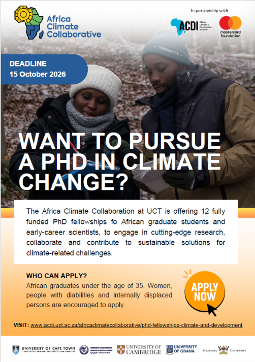 SAEON_GSN's tweet photo. 🎓 PhD Fellowships for African Scholars! 🌍

12fellowshipd are available for a 4-year PhD programme in Climate &amp; Development at UCT.

✅ African citizens
✅ Master’s degree required
⏰ Apply by 15 Oct 2026

🔗https://t.co/o06YxsBC6P

#PhD #ClimateChange #Africa #Research https://t.co/WlCyQjxVcW