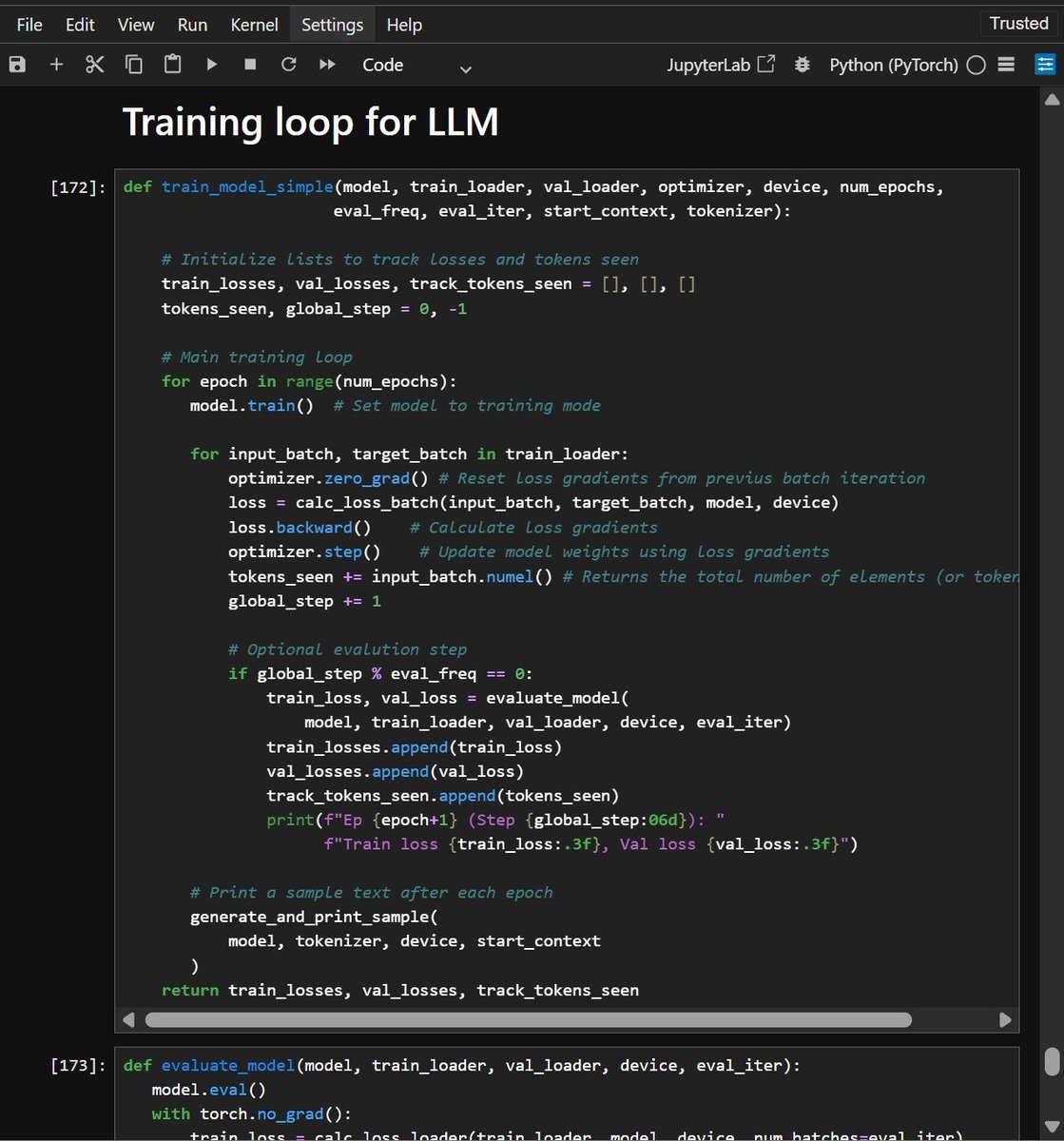 shoupxx's tweet photo. Day 119 —> Becoming an AI Engineer

LLM from scratch, including --> full forward + loss + backprop pipeline.

GPT-2’s arch~164M parameters across embeddings, attention, FFNs &amp; Transformer blocks.

Insight: Scale comes from simple operations × learned parameters.

#DL #LLM #GPT2 https://t.co/xf5XtlYGYL