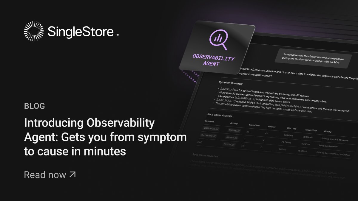 SingleStoreDB's tweet photo. Memory errors on every node. Obvious checks came up empty.

Our new Observability Agent found the real cause in about 2 minutes.

It wasn't what anyone expected. 👇
https://t.co/a5C3kRw6ce https://t.co/ACi7r4GC54
