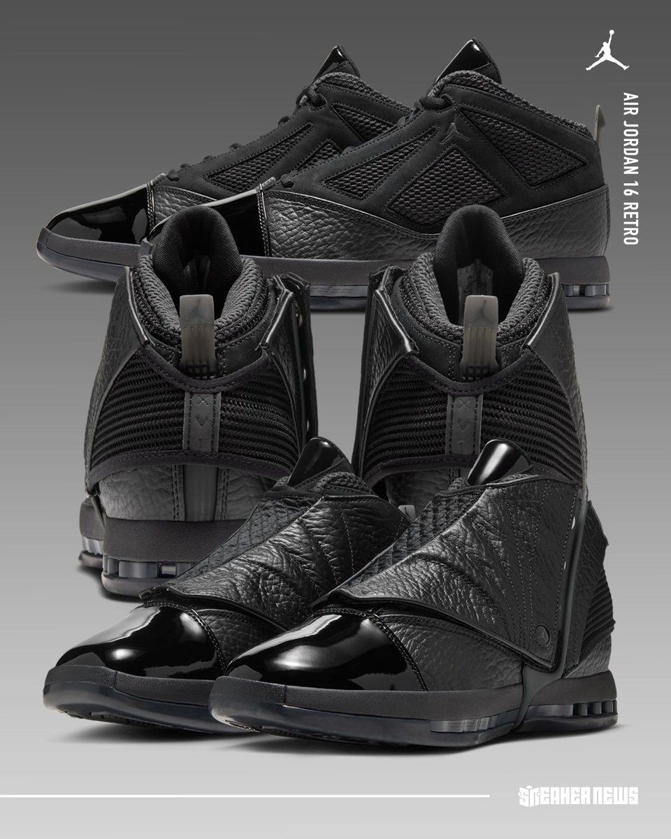 SneakerNews's tweet photo. AIR JORDAN 16 "BLACK PACK" 🖤 

Releasing October 3rd for 2026. Is this the best pair from the Black Pack collection?

Get a closer look >> https://t.co/vFp8FMNvaG https://t.co/2clJEEArAG