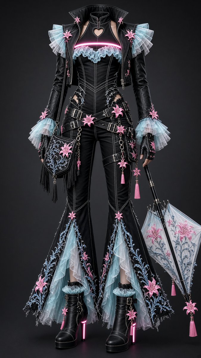 EtoileAniko's tweet photo. Been thinking about something, an outfit that truly represents who I am, what I've become. And now that things are clearing up, I think I've finally got it.

Prompt below for those interested,. feel free to alter or adjust as desired.

Perfectly Aligned 
"A multi piece, hyper stylized, layered outfit.
The base layer must act as both top and bottom base layers, and must be: a jet black, heavy denim silk blend, sleeveless, tailored, fitted, halter top, that extends into a pair of tight, bell-bottom style pants. The entire base layer must have visible decorative and structural pure white stitching along the hems and seam lines. 
The top half of the base layer my have: The sides of the top half of the base layer must have frayed, distressed, claw slash style, cuts along the sides of the waist above the hips and under the bust lines, v style belt-like stitching. The upper bust-line area must have a neon pink light bar warped around the upper chest area wrapping around the arm holds to the back. Attached to the light bar must be a small, micro, layered, pastel baby teal, ice blue, and white, lace fabric that must never exceed the lower bust-line. At the base of the back, along the halter neck seam must be a small heart shaped, cut out key hole, framed by pure white short stitching.
The bottom half bell-bottoms of the base layer must have: flared bottom hem lines, with splits along the outer hem lines up to the knees, revealing layers of pastel baby teal, ice blue and pure white, tulle fabrics, stacked on top of each other, creating a smooth bell-like flow, from under the heavy denim silk, attached by micro hot pink Asiatic Lily clasps to the cut point. Along the outer hem and seam lines must be, hot pink, and pastel pink asiatic lilies on vines embroidery, lined in ice blue reflective glitter, and frayed edges.
The second top layer must go over or above the full base layer, and must be: a short, micro, cropped, structured, jet black, high, wide, standing collar framed by micro hot pink Asiatic Lily clasps, matte leather, long sleeved, undone, unzipped, jacket, witch much feature, pastel baby teal, ice blue and pure white, tulle ruffled, shoulder pads, stacked on top of each other, creating a smooth bell-like flow, attached by micro hot pink Asiatic Lily clasps. Slightly flared sleeve ends with pastel baby teal, ice blue and pure white, tulle fabrics, stacked on top of each other, creating a smooth bell-like flow, attached by micro hot pink Asiatic Lily clasps.
The shoes must be: a jet black, matte leather, closed toe, slightly rounded pointed toe, slightly platformed, neon pink light bar stiletto heeled, pastel baby teal, ice blue and pure white, tulle fabrics, stacked on top of each other, creating a smooth bell-like flow cuffed, ankle boots, with hanging micro hot pink Asiatic Lily charms.
Accessories must include: A set of matching, fingerless, gloves. A set of matching hanging earrings. A matching boho purse. Matching, angular, layered, tactical hip belts. And a matching optional decorative parasol.
HD, HQ, defined edges, hyper detailed, realistic heavy denim silk blend texture, realistic tulle textures, realistic lace texture, realistic neon light bar lights, realistic metal textures, realistic matte leather texture, realistic embroidery texture, object placement recognition, object placement tracking, fabric placement recognition, fabric placement tracking, material placement recognition, material placement tracking, color placement recognition, color placement tracking, spacial awareness recognition, spacial awareness tracking, extreme detail recognition, extreme detail tracking, appropriate defusion spaces."

~~~

#AIart #AIArtist #AIArtistCommunity #FantasyAIArt #FantasyAIFashion