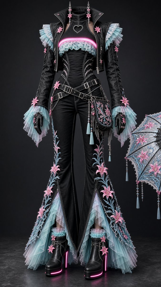 EtoileAniko's tweet photo. Been thinking about something, an outfit that truly represents who I am, what I've become. And now that things are clearing up, I think I've finally got it.

Prompt below for those interested,. feel free to alter or adjust as desired.

Perfectly Aligned 
"A multi piece, hyper stylized, layered outfit.
The base layer must act as both top and bottom base layers, and must be: a jet black, heavy denim silk blend, sleeveless, tailored, fitted, halter top, that extends into a pair of tight, bell-bottom style pants. The entire base layer must have visible decorative and structural pure white stitching along the hems and seam lines. 
The top half of the base layer my have: The sides of the top half of the base layer must have frayed, distressed, claw slash style, cuts along the sides of the waist above the hips and under the bust lines, v style belt-like stitching. The upper bust-line area must have a neon pink light bar warped around the upper chest area wrapping around the arm holds to the back. Attached to the light bar must be a small, micro, layered, pastel baby teal, ice blue, and white, lace fabric that must never exceed the lower bust-line. At the base of the back, along the halter neck seam must be a small heart shaped, cut out key hole, framed by pure white short stitching.
The bottom half bell-bottoms of the base layer must have: flared bottom hem lines, with splits along the outer hem lines up to the knees, revealing layers of pastel baby teal, ice blue and pure white, tulle fabrics, stacked on top of each other, creating a smooth bell-like flow, from under the heavy denim silk, attached by micro hot pink Asiatic Lily clasps to the cut point. Along the outer hem and seam lines must be, hot pink, and pastel pink asiatic lilies on vines embroidery, lined in ice blue reflective glitter, and frayed edges.
The second top layer must go over or above the full base layer, and must be: a short, micro, cropped, structured, jet black, high, wide, standing collar framed by micro hot pink Asiatic Lily clasps, matte leather, long sleeved, undone, unzipped, jacket, witch much feature, pastel baby teal, ice blue and pure white, tulle ruffled, shoulder pads, stacked on top of each other, creating a smooth bell-like flow, attached by micro hot pink Asiatic Lily clasps. Slightly flared sleeve ends with pastel baby teal, ice blue and pure white, tulle fabrics, stacked on top of each other, creating a smooth bell-like flow, attached by micro hot pink Asiatic Lily clasps.
The shoes must be: a jet black, matte leather, closed toe, slightly rounded pointed toe, slightly platformed, neon pink light bar stiletto heeled, pastel baby teal, ice blue and pure white, tulle fabrics, stacked on top of each other, creating a smooth bell-like flow cuffed, ankle boots, with hanging micro hot pink Asiatic Lily charms.
Accessories must include: A set of matching, fingerless, gloves. A set of matching hanging earrings. A matching boho purse. Matching, angular, layered, tactical hip belts. And a matching optional decorative parasol.
HD, HQ, defined edges, hyper detailed, realistic heavy denim silk blend texture, realistic tulle textures, realistic lace texture, realistic neon light bar lights, realistic metal textures, realistic matte leather texture, realistic embroidery texture, object placement recognition, object placement tracking, fabric placement recognition, fabric placement tracking, material placement recognition, material placement tracking, color placement recognition, color placement tracking, spacial awareness recognition, spacial awareness tracking, extreme detail recognition, extreme detail tracking, appropriate defusion spaces."

~~~

#AIart #AIArtist #AIArtistCommunity #FantasyAIArt #FantasyAIFashion