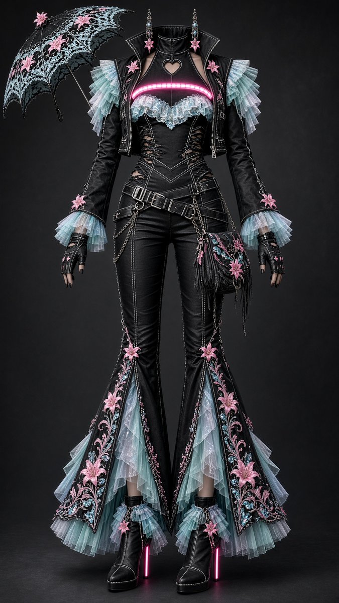 EtoileAniko's tweet photo. Been thinking about something, an outfit that truly represents who I am, what I've become. And now that things are clearing up, I think I've finally got it.

Prompt below for those interested,. feel free to alter or adjust as desired.

Perfectly Aligned 
"A multi piece, hyper stylized, layered outfit.
The base layer must act as both top and bottom base layers, and must be: a jet black, heavy denim silk blend, sleeveless, tailored, fitted, halter top, that extends into a pair of tight, bell-bottom style pants. The entire base layer must have visible decorative and structural pure white stitching along the hems and seam lines. 
The top half of the base layer my have: The sides of the top half of the base layer must have frayed, distressed, claw slash style, cuts along the sides of the waist above the hips and under the bust lines, v style belt-like stitching. The upper bust-line area must have a neon pink light bar warped around the upper chest area wrapping around the arm holds to the back. Attached to the light bar must be a small, micro, layered, pastel baby teal, ice blue, and white, lace fabric that must never exceed the lower bust-line. At the base of the back, along the halter neck seam must be a small heart shaped, cut out key hole, framed by pure white short stitching.
The bottom half bell-bottoms of the base layer must have: flared bottom hem lines, with splits along the outer hem lines up to the knees, revealing layers of pastel baby teal, ice blue and pure white, tulle fabrics, stacked on top of each other, creating a smooth bell-like flow, from under the heavy denim silk, attached by micro hot pink Asiatic Lily clasps to the cut point. Along the outer hem and seam lines must be, hot pink, and pastel pink asiatic lilies on vines embroidery, lined in ice blue reflective glitter, and frayed edges.
The second top layer must go over or above the full base layer, and must be: a short, micro, cropped, structured, jet black, high, wide, standing collar framed by micro hot pink Asiatic Lily clasps, matte leather, long sleeved, undone, unzipped, jacket, witch much feature, pastel baby teal, ice blue and pure white, tulle ruffled, shoulder pads, stacked on top of each other, creating a smooth bell-like flow, attached by micro hot pink Asiatic Lily clasps. Slightly flared sleeve ends with pastel baby teal, ice blue and pure white, tulle fabrics, stacked on top of each other, creating a smooth bell-like flow, attached by micro hot pink Asiatic Lily clasps.
The shoes must be: a jet black, matte leather, closed toe, slightly rounded pointed toe, slightly platformed, neon pink light bar stiletto heeled, pastel baby teal, ice blue and pure white, tulle fabrics, stacked on top of each other, creating a smooth bell-like flow cuffed, ankle boots, with hanging micro hot pink Asiatic Lily charms.
Accessories must include: A set of matching, fingerless, gloves. A set of matching hanging earrings. A matching boho purse. Matching, angular, layered, tactical hip belts. And a matching optional decorative parasol.
HD, HQ, defined edges, hyper detailed, realistic heavy denim silk blend texture, realistic tulle textures, realistic lace texture, realistic neon light bar lights, realistic metal textures, realistic matte leather texture, realistic embroidery texture, object placement recognition, object placement tracking, fabric placement recognition, fabric placement tracking, material placement recognition, material placement tracking, color placement recognition, color placement tracking, spacial awareness recognition, spacial awareness tracking, extreme detail recognition, extreme detail tracking, appropriate defusion spaces."

~~~

#AIart #AIArtist #AIArtistCommunity #FantasyAIArt #FantasyAIFashion