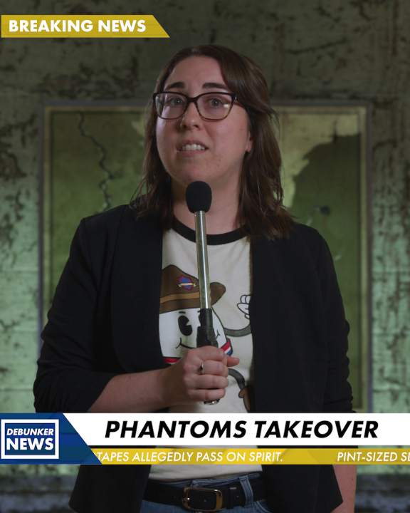 A Debunker News anchor delivers a "BREAKING NEWS" report headlined "PHANTOMS TAKEOVER," with a scrolling ticker mentioning "TAPES ALLEGEDLY PASS ON SPIRIT" and a "PINT-SIZED SP" segment, tying into the urgent call for Appalachia to fight back against the Pint-Sized Phantoms.