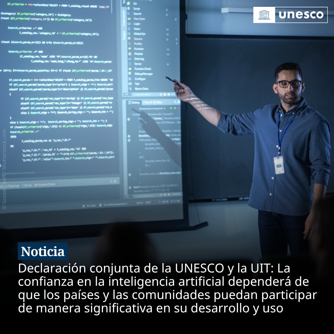 UNESCO_es's tweet photo. ¿Cómo garantizar que todas las personas tengan voz en el futuro de la inteligencia artificial?

La UNESCO y la UIT hacen un llamamiento a una gobernanza de la #IA más inclusiva y participativa, en la que todos los países y comunidades puedan contribuir a definir su futuro.

Más información: https://t.co/iDjHBUuCSi