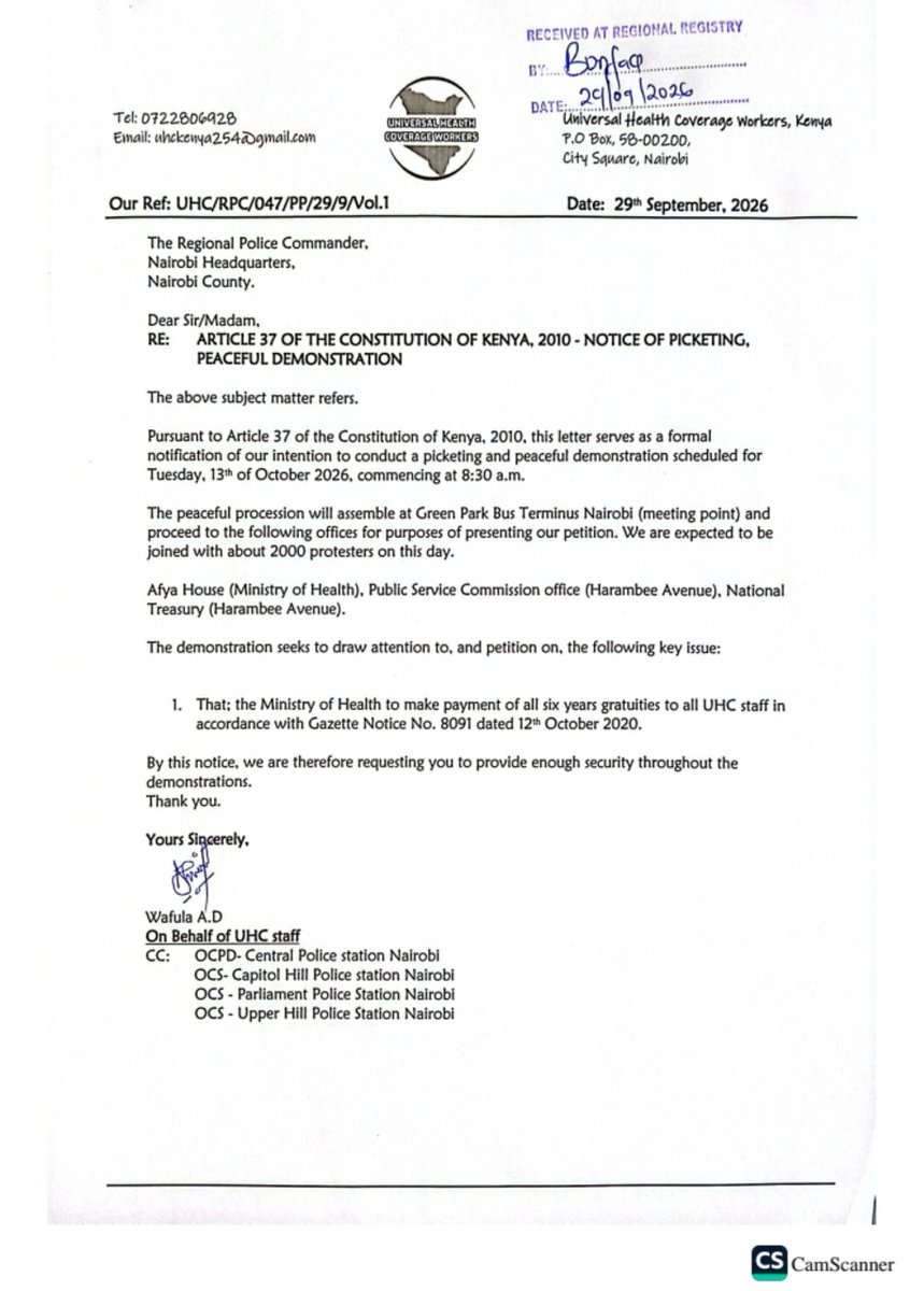 uhckenya254's tweet photo. BREAKING NEWS:
ON 13th October 2026, Tuesday,

We will be protesting peacefully at MOH HQ, PSC &amp; Treasury HQ for our due 6 years GRATUITY!

@HonAdenDuale, @fnoluga, @psmuthoni, @WilliamsRuto, @MOH_Kenya, @StateHouseKenya, @PSCKenya, @TreasuryKe 

WE ARE COMING!

#UHCMEGADEMO https://t.co/bux1m2z8ZN