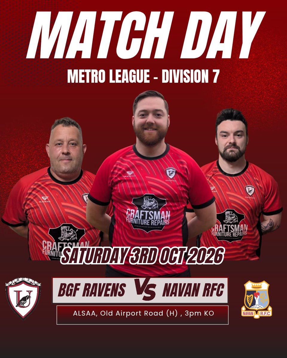 BGFRavens's tweet photo. Ravens this week face off against Navan rfc 

Get down and show your support 

Location:
Alsaa sports grounds, swords 
Kick off 3pm 
🔴⚫️🔴⚫️🔴⚫️

Proudly sponsored by Craftsman Furniture Repairs 

#bgfravens #ballymun #glasnevin #finglas #rugby #APlaceForEveryone https://t.co/QzouNL5uV4