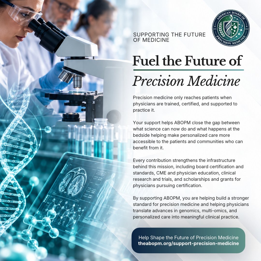 The_ABOPM's tweet photo. Precision medicine is advancing faster than ever. The challenge now is making sure those breakthroughs reach the patients who need them.

Support the future of precision medicine:
https://t.co/5gno0eUWSk

#PrecisionMedicine #PersonalizedMedicine https://t.co/C0MGQfiFFi