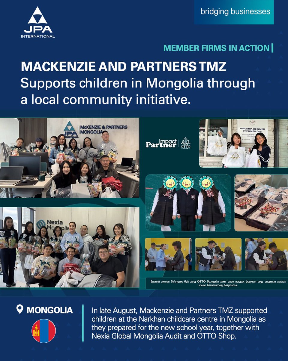 JPAglobal's tweet photo. Beyond business. Making a difference 🌍🇲🇳

Our member firm Mackenzie and Partners TMZ joined forces to support local children in Mongolia ahead of the new school year!

Looking for accounting, tax, or advisory support?

🌐 https://t.co/adVR7kYAzI

#MembersInAction https://t.co/9KjW8amnNH