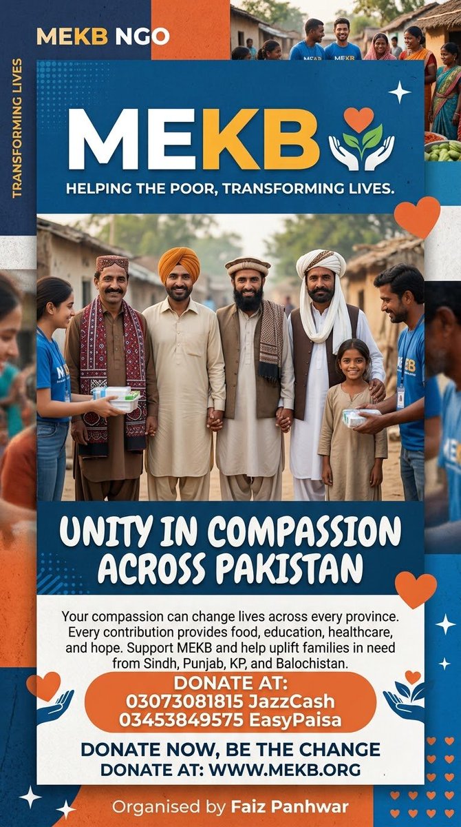 faizpanhwar22's tweet photo. Mekb is an NGO dedicated to helping poor families access essential food, shelter, and medical care. Your donation directly changes lives https://t.co/jh6ULI4j9c