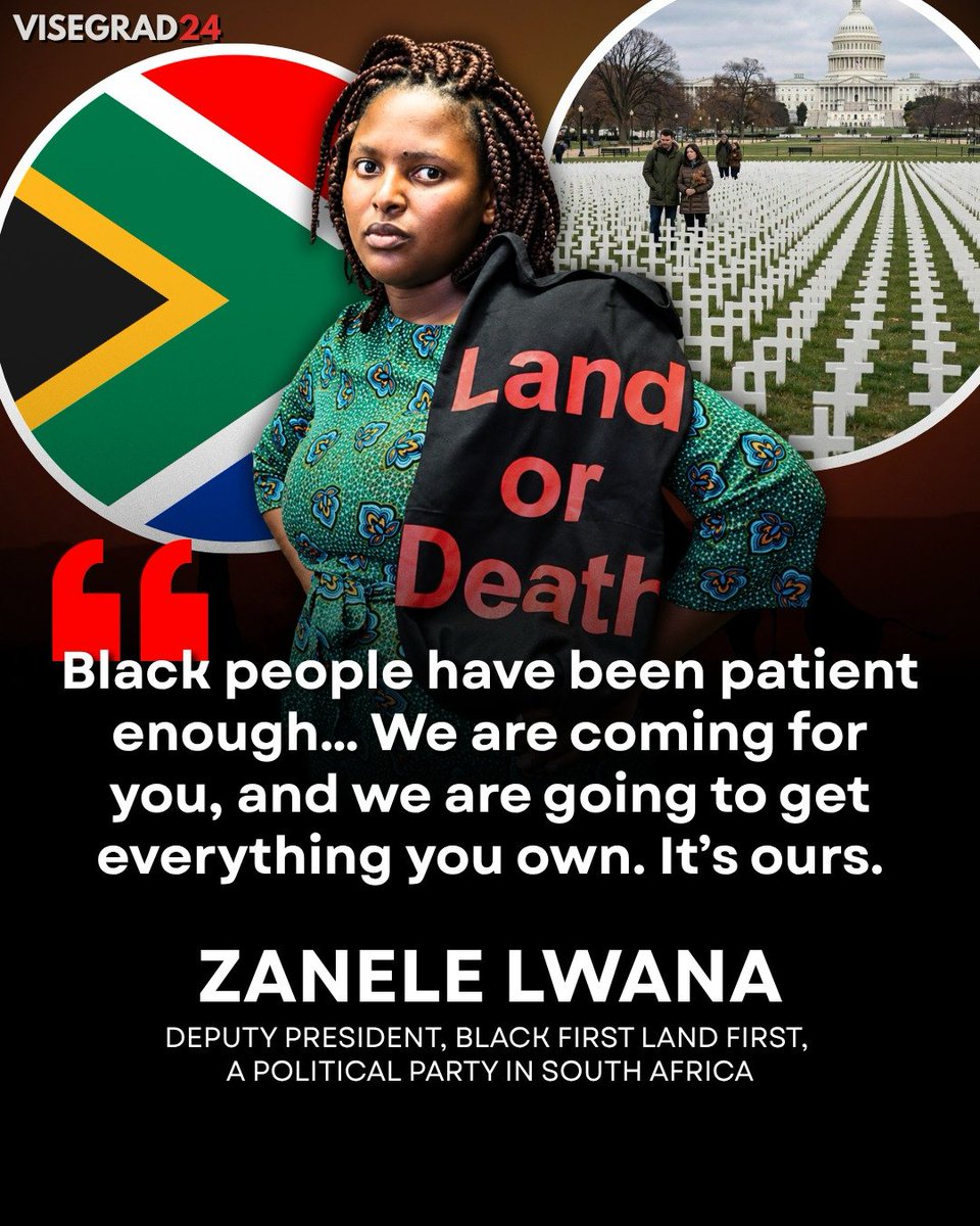 visegrad24's tweet photo. “Black people have been patient enough… We are coming for you, and we are going to get everything you own. It’s ours,” says Zanele Lwana, from the Black First Land First political party in South Africa.

In South Africa, politicians and activists frequently call for violence against the country’s White minority, particularly Afrikaans farmers.

Over 3,000 farmers have been murdered in South Africa over the past 30 years.