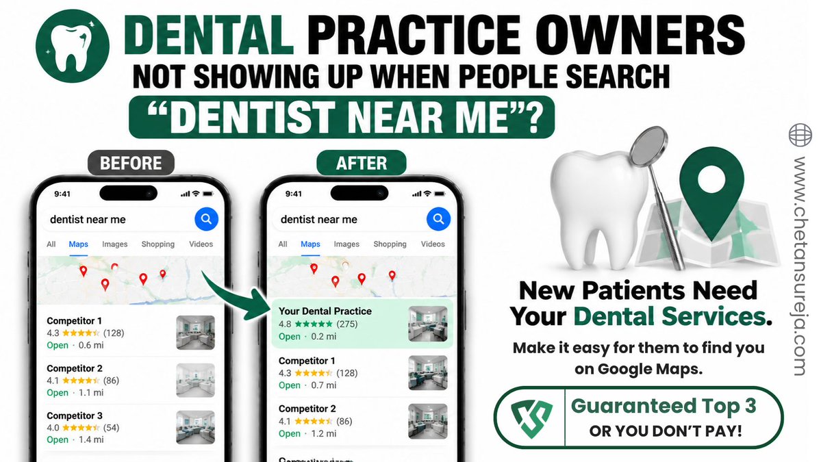 chetansureja's tweet photo. 🦷 Helping dental practices get found online! 

I’m Chetan Sureja, helping dentists improve Google visibility, local SEO rankings, and patient reach with smart digital strategies. Get noticed when patients search for a dentist near you.

🌐 https://t.co/a2IshPZnb3
#LocalDentalSEO https://t.co/KFupxV4PiK