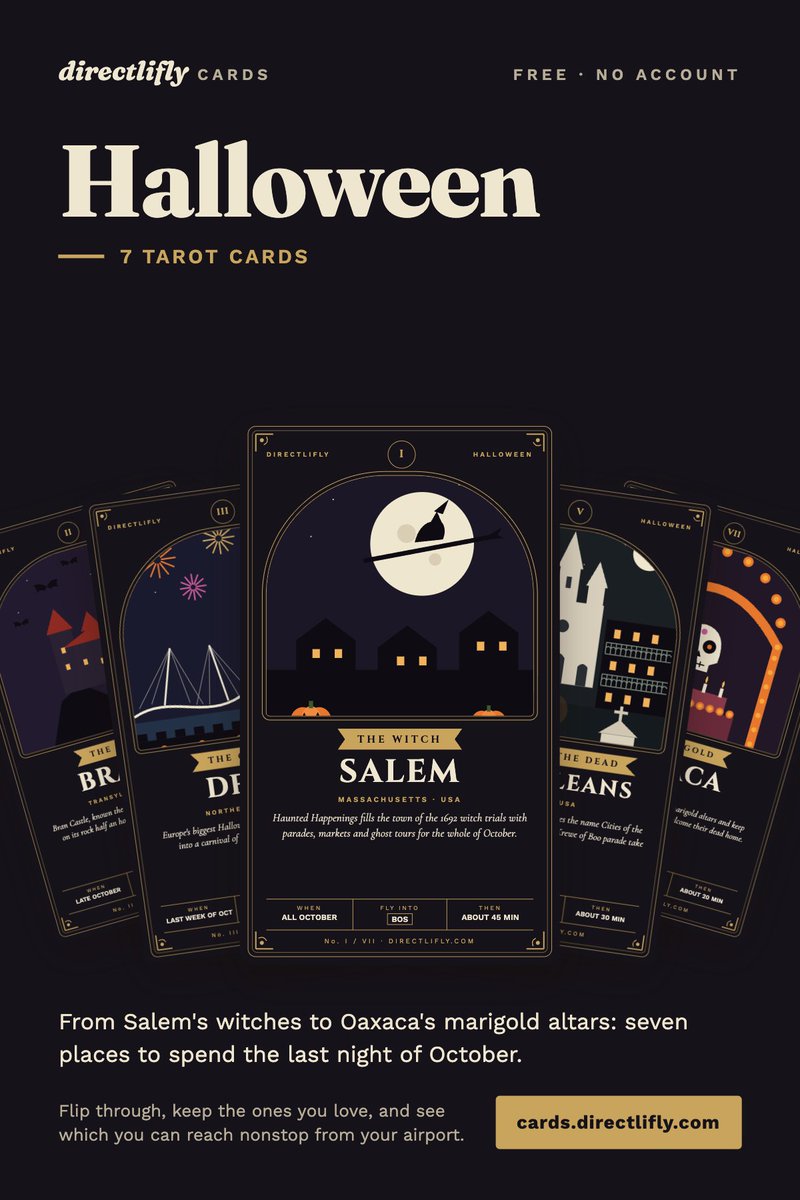 directlifly's tweet photo. Planning a spooky getaway this October? 🕸️

We’ve collected 7 iconic Halloween destinations into digital tarot cards. Flip through the deck, save your favorites, and plan your trip! 🔮✨

Check yours now 👇 🔗 https://t.co/hl0HbRTP83 https://t.co/vYNOpkvTSw