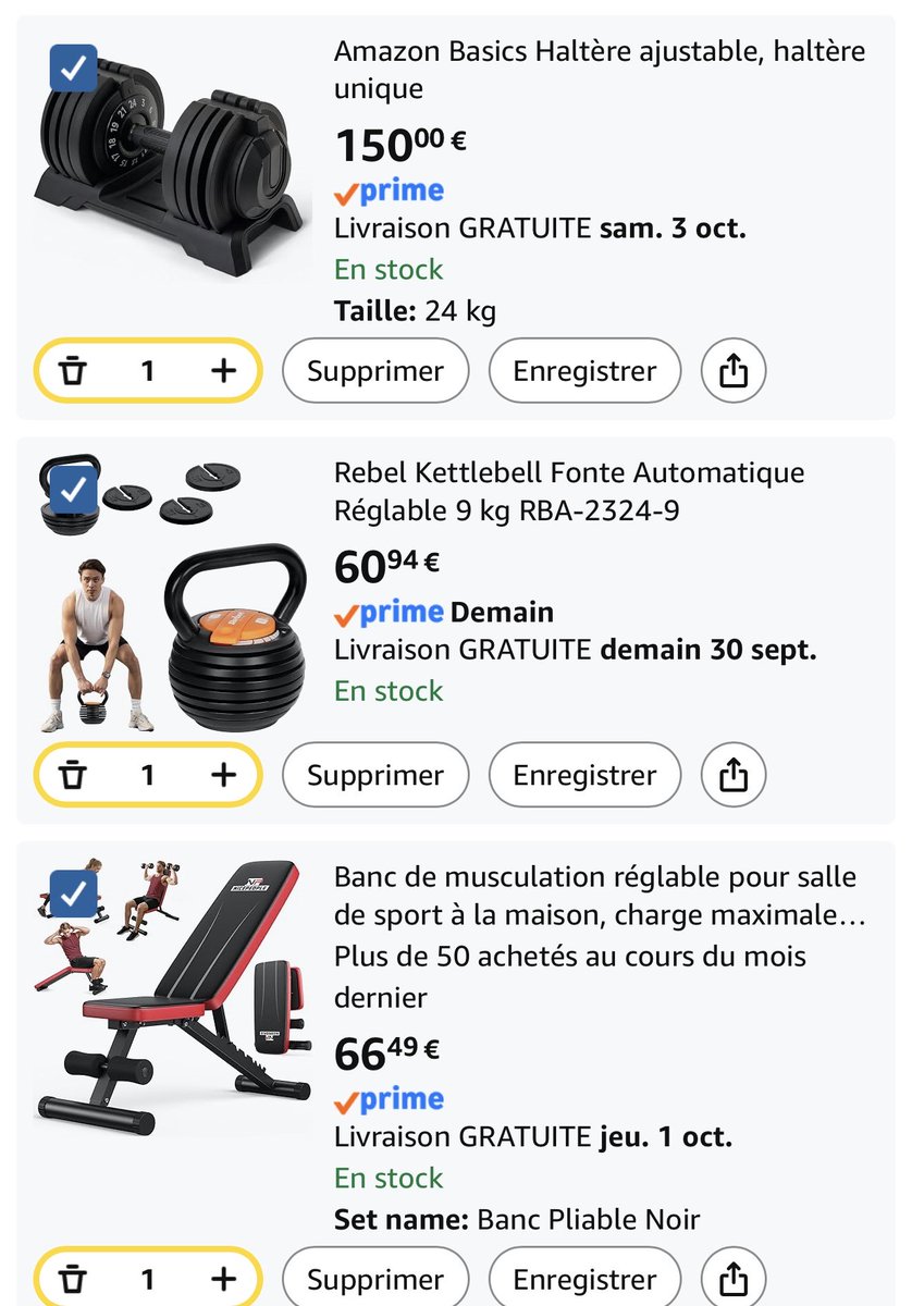 ImAtomic__'s tweet photo. @CaminoTV 1300€ mdr pour un banc 2 haltères et une kettlebell c’est du foutage de gueule. J’ai fais le même panier sur amazon j’en ai pour 300€ MAX (my bad j’ai oublié le tapis on rajoute 20€) 
vous faites pas avoir pitié https://t.co/vcBVlwbekD
