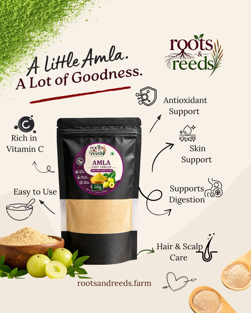 rootsandreeds's tweet photo. A little amla, a lot of goodness! 💚✨
Meet Roots &amp; Reeds Amla Fruit Powder🌿Mix it into water, juices, smoothies, or your favourite recipes. Nature made simple. Everyday goodness, one spoon at a time
#RootsAndReeds #AmlaPowder #AmlaFruitPowder #IndianGooseberry #AmlaBenefits https://t.co/8sRm35tSVf